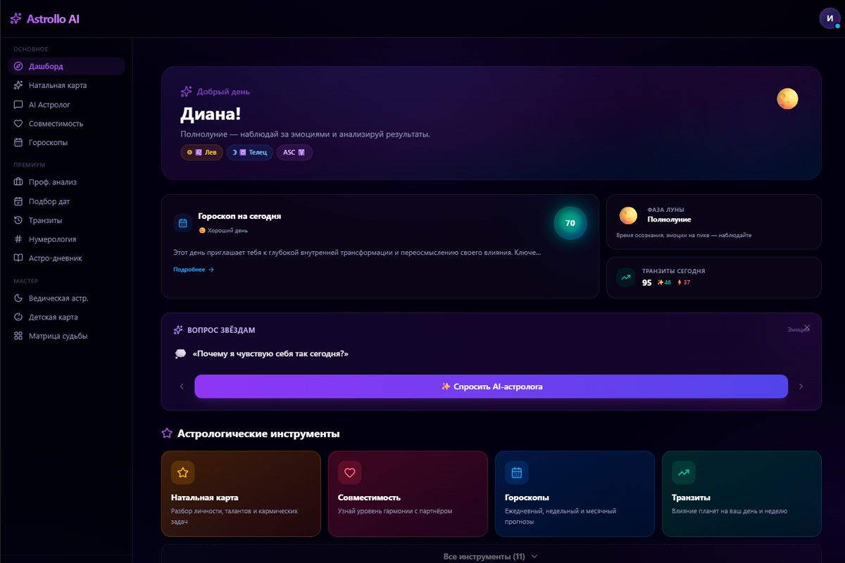 Astrollo AI: натальная карта для новичка с подсказками